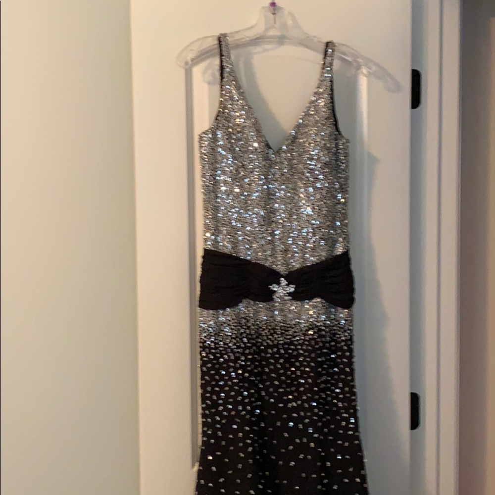 Long black prom dress with silver sequins